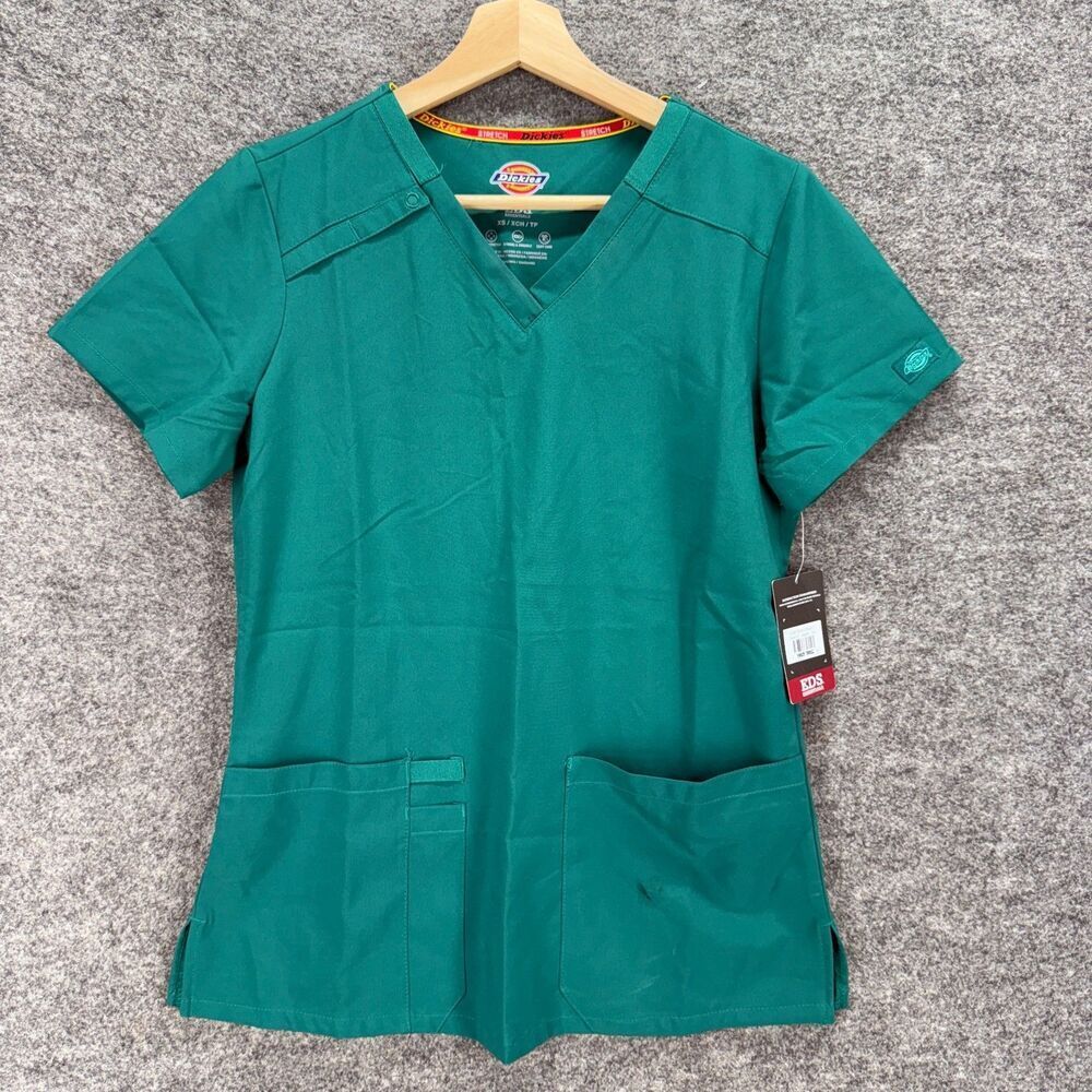 New Dickies Scrub Top Women XS Blue V-Neck Short Sleeve Pockets Stretch Workwear